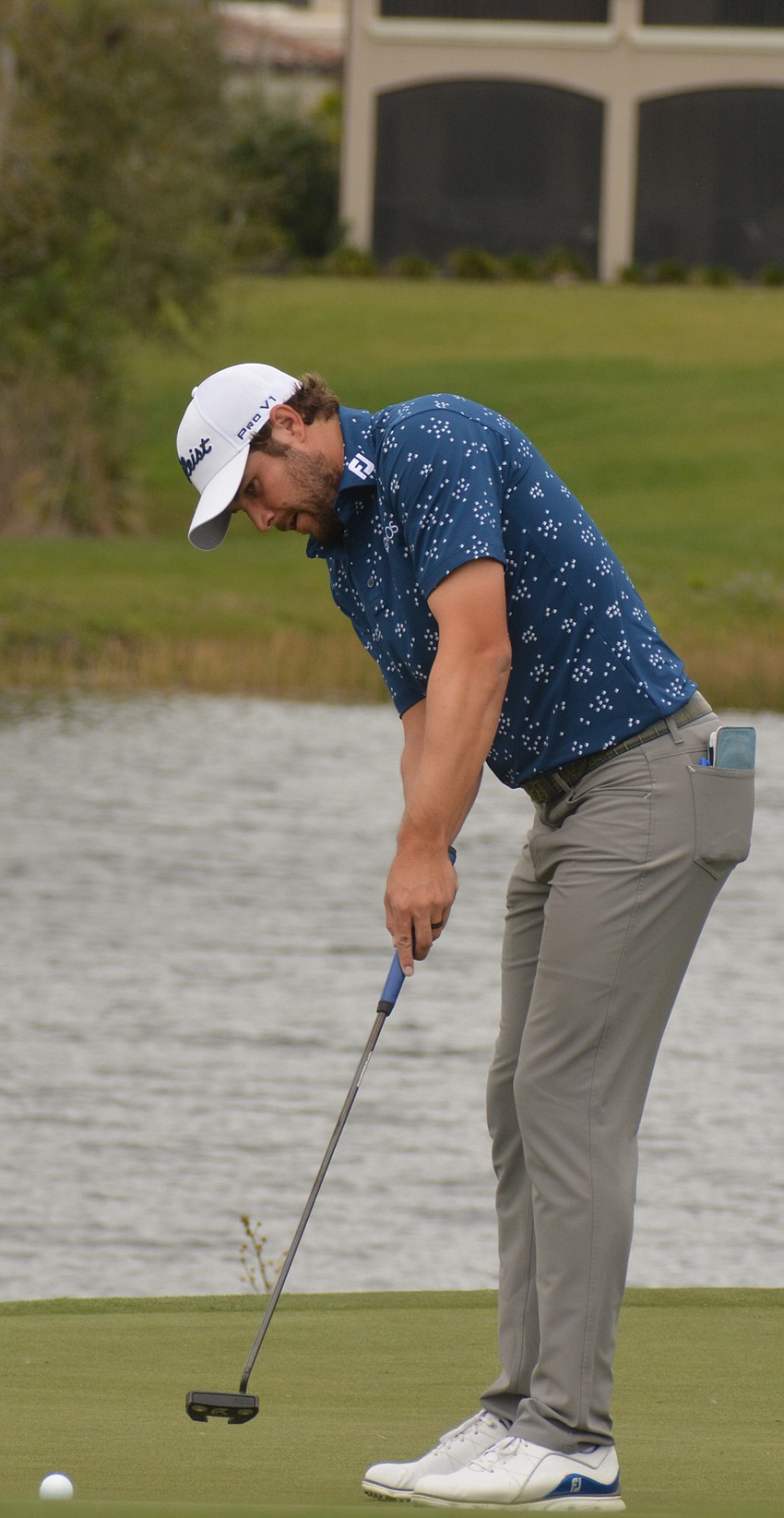 Peter Uihlein putts for par on day three of the LECOM Suncoast Classic. He leads the tournament by one stroke after round three (18 under par).