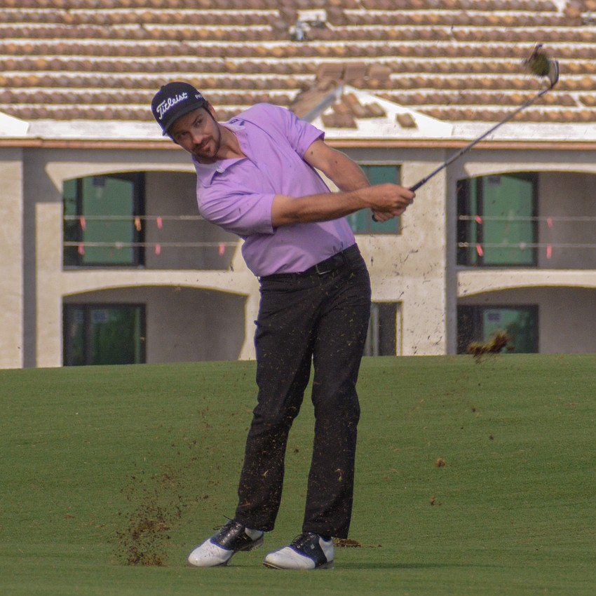 Trevor Cone kicks up some grass on No. 18. He would par the hole. Cone is one under par for the tournament.