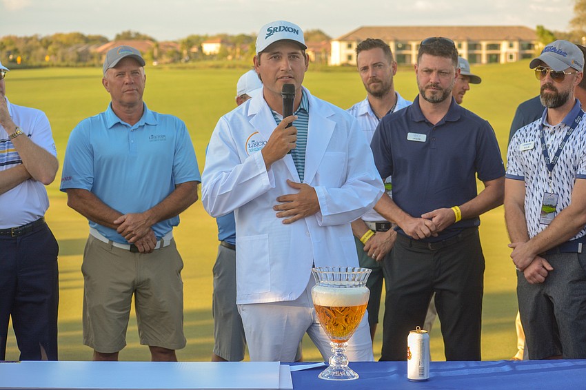 Andrew Novak addresses the crowd at Lakewood National. He credited the fans with creating a great atmosphere all week, especially on Sunday.
