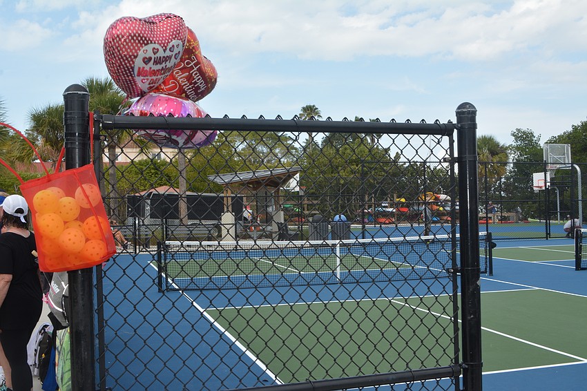 One of the three pickleball-only courts at Bayfront Park is pictured near the conclusion of Friday's Beauty and the Beast Valentine's Day-themed tournament.