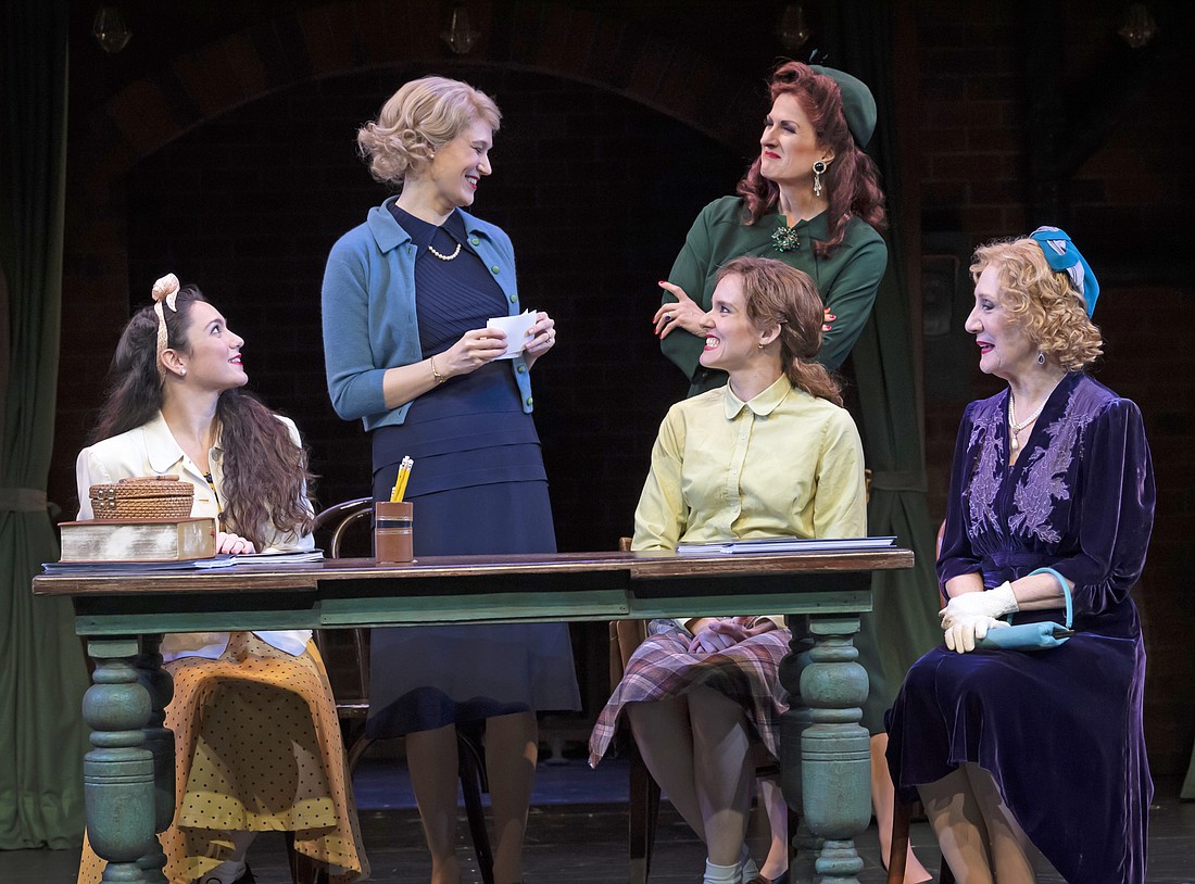 Jillian Cicalese, left, Madeleine Maby, Amber McNew, Tina Stafford, and Peggy Roeder are ready to pick up the slack and save the hometown theater in "Into the Breeches!" (Photos by Cliff Roles)