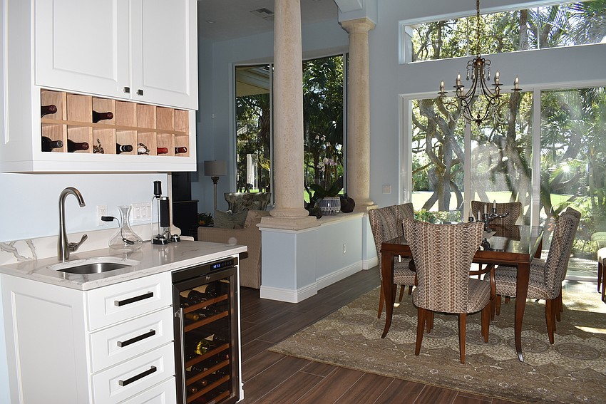 The wine bar is near the dining room.