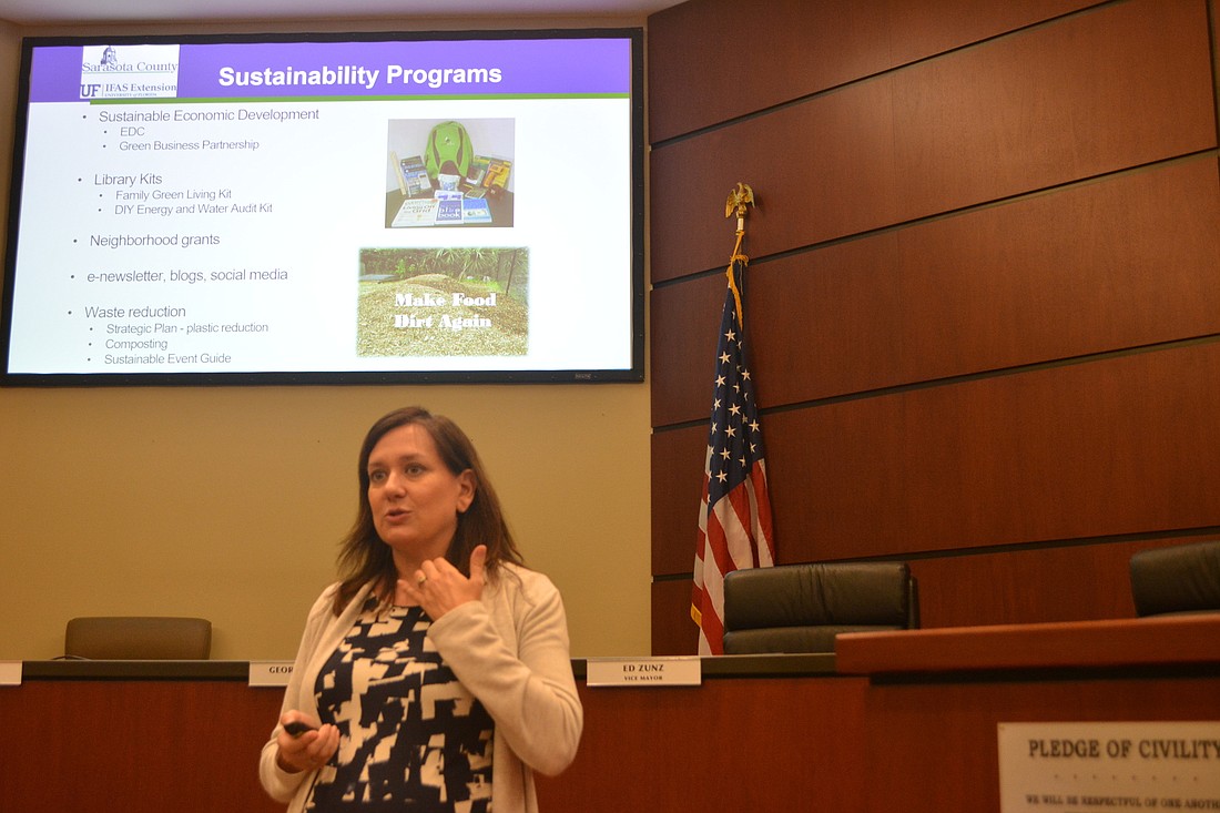 Sarasota County Sustainability Program Supervisor Sara Kane speaks during the opening portion of a sustainable living workshop Friday morning at Longboat Key Town Hall.
