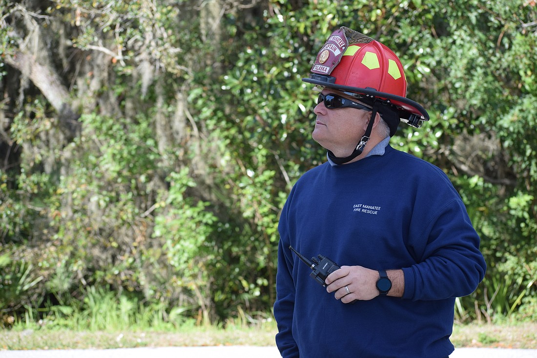 Matt Talaska, a captain for East Manatee Fire Rescue, keeps a close eye on his team during a drill Feb. 29.