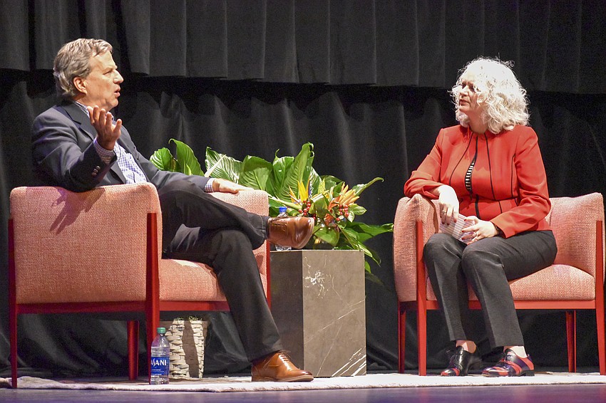 Sam Quinones and moderator Melissa Larkin-Skinner during the Q&A portion.