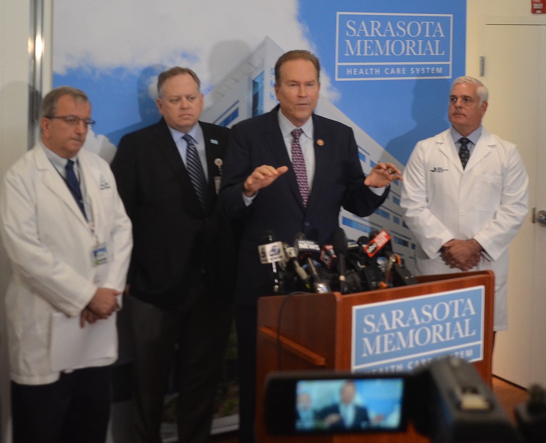 U.S. Rep. Vern Buchanan appears alongside Sarasota Memorial Hospital officials to discuss the local response to COVID-19 at a press conference Tuesday, March 3.