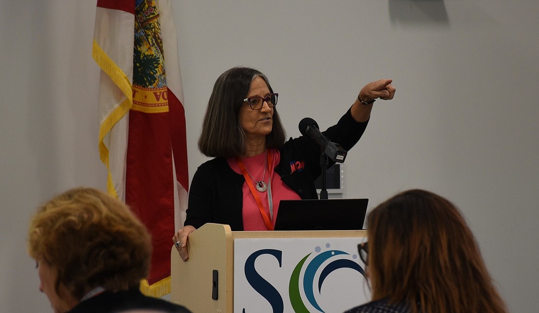 Leigh Holt, strategic planning manager for the Sarasota Manatee Metropolitan Planning Organization, addresses attendees of the Feb. 24 TransForum workshop that unveiled the MPO&#39;s long range plan. Courtesy photo.