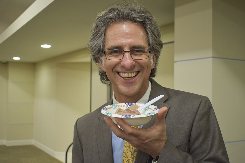 Rabbi Brenner Glickman poses with his ice cream sundae.