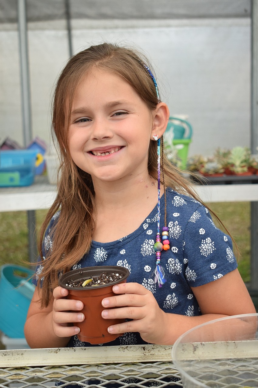 Julia Spence, a first grader, shows off the succulent seeds she planted.