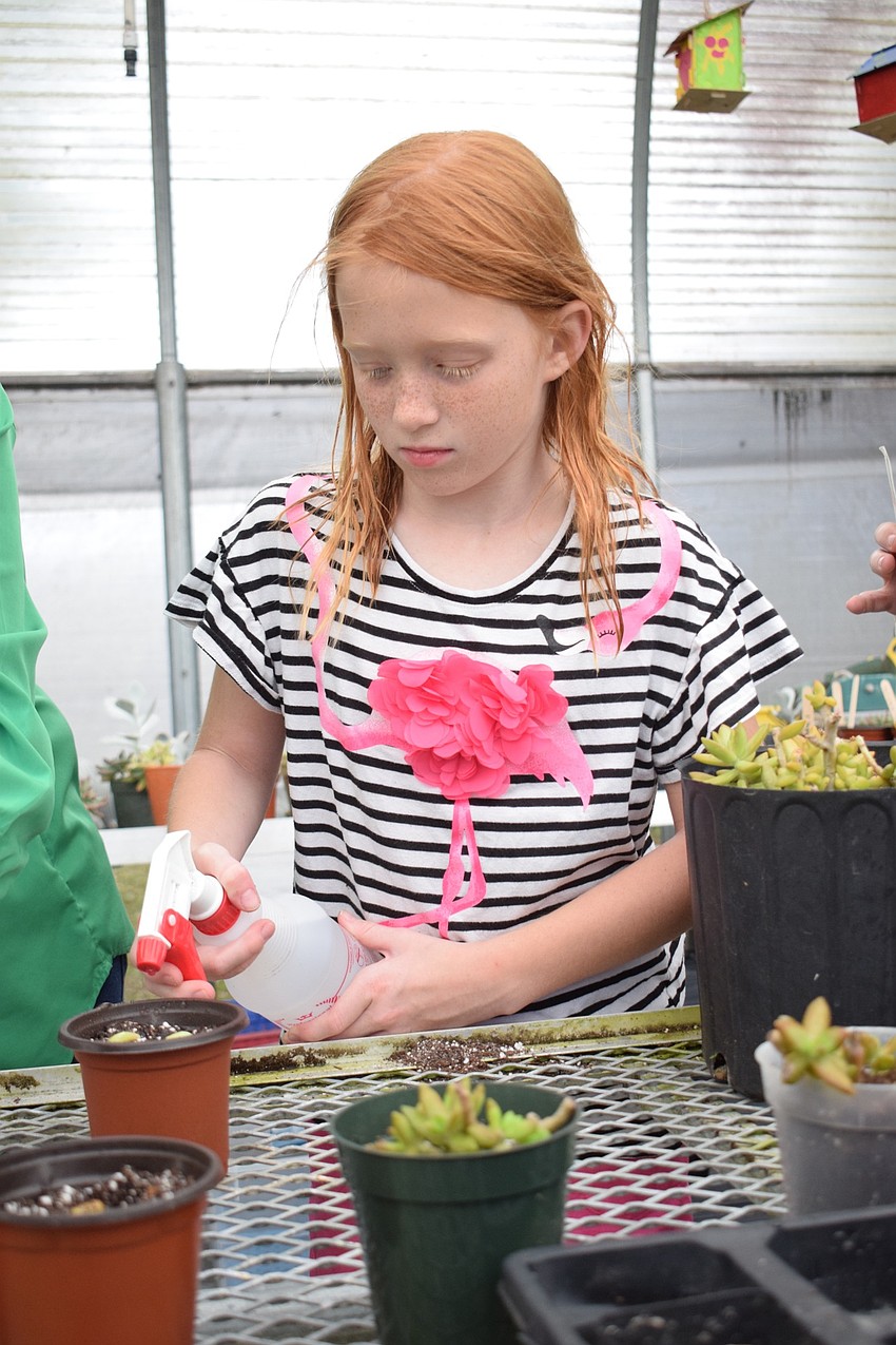 Reagan Perrine, a second grader, sprays her succulent seeds with water before moving onto the next station.