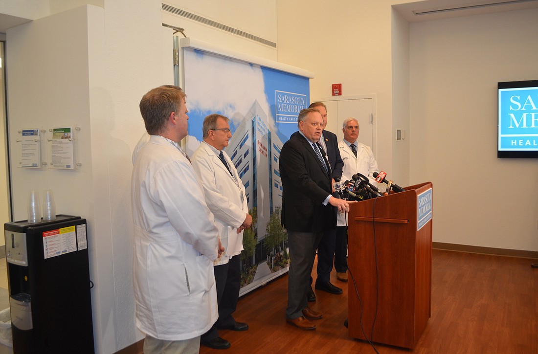 David Verinder, Sarasota Memorial Hospital&#39;s president and CEO, discusses the hospital&#39;s COVID-19 response at a press conference Tuesday, March 3.