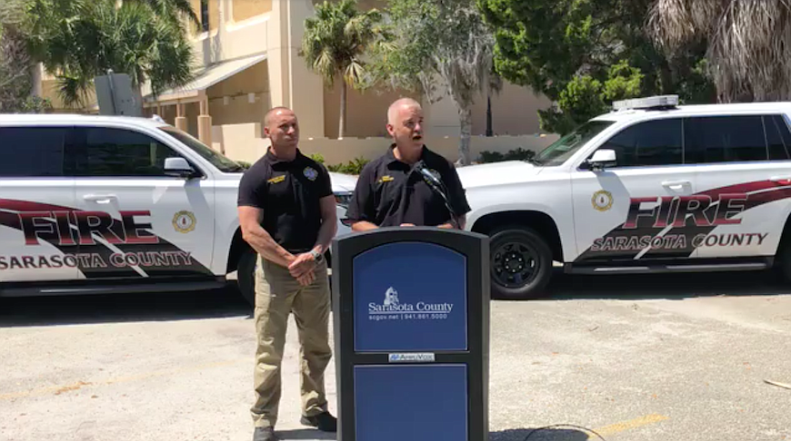 Sarasota County Fire Chief Mike Regnier speaks at a press conference today about COVID-19 alongside Assistant Chief Carson Sanders. Image courtesy Sarasota County.