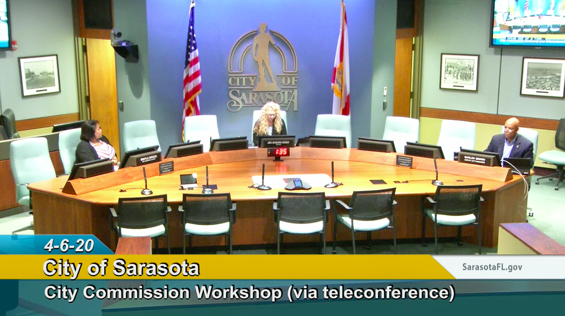 Only City Auditor and Clerk Shayla Griggs, Mayor Jen Ahearn-Koch and Deputy City Manager Marlon Brown sat at the commission table for Monday&#39;s workshop. Image via city of Sarasota.