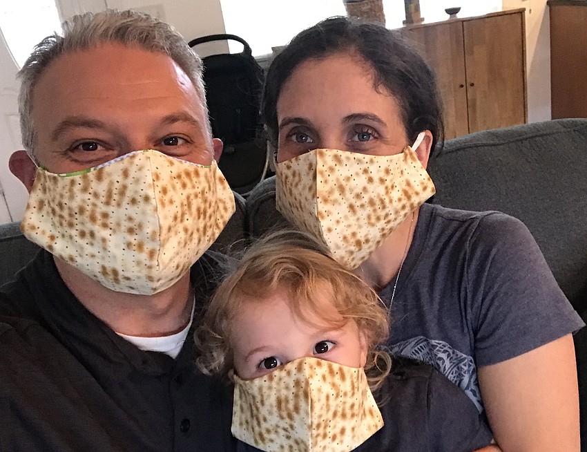 Temple Emanu-El Associate Rabbi Michael Shefrin and his family – Dr. Shayna Shefrin and Jacob Shefrin – wore matzah-patterned masks to stay safe while showing their Passover spirit.