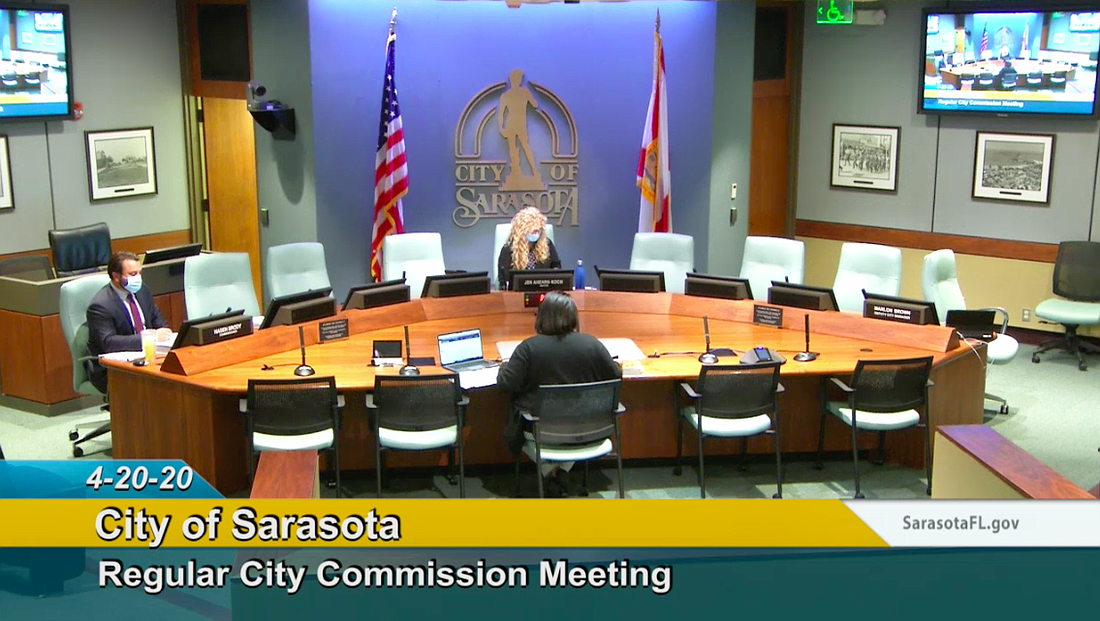 Only two commissioners, Jen Ahearn-Koch and Hagen Brody, attended today&#39;s City Commission meeting in-person. Image via city of Sarasota.