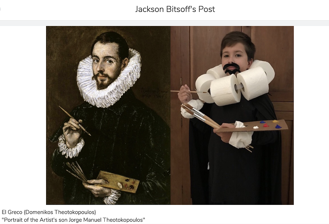 Fifth grader Jackson Bitsoff recreates â€œPortrait of the Artistâ€™s son Jorge Mandel Theotokopoulosâ€ by El Greco. Photo courtesy
