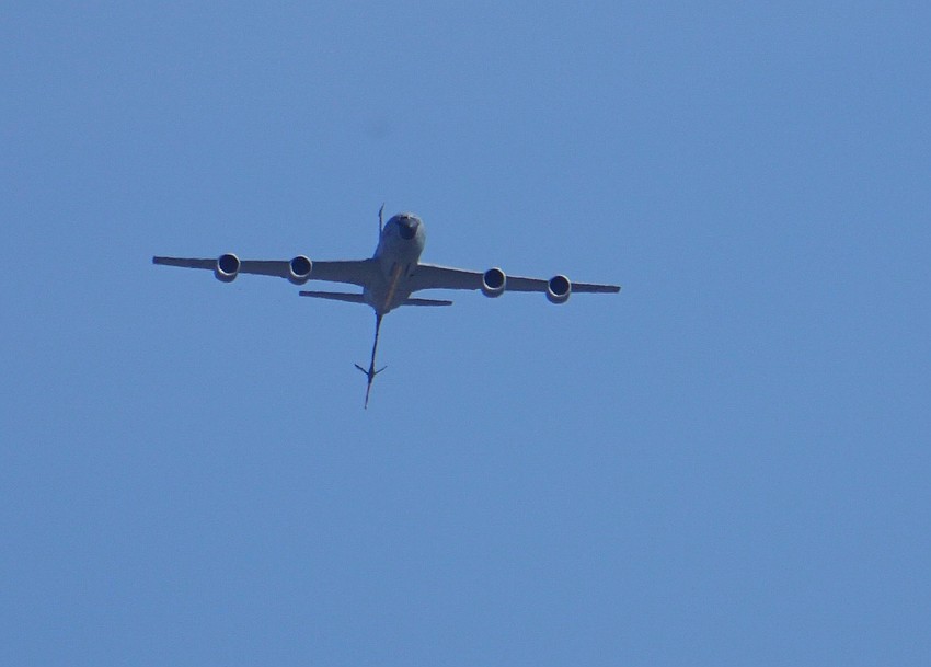 The KC-135 aerial tanker flies in from the north, as part of a tour of 12 Bay Area hospitals.