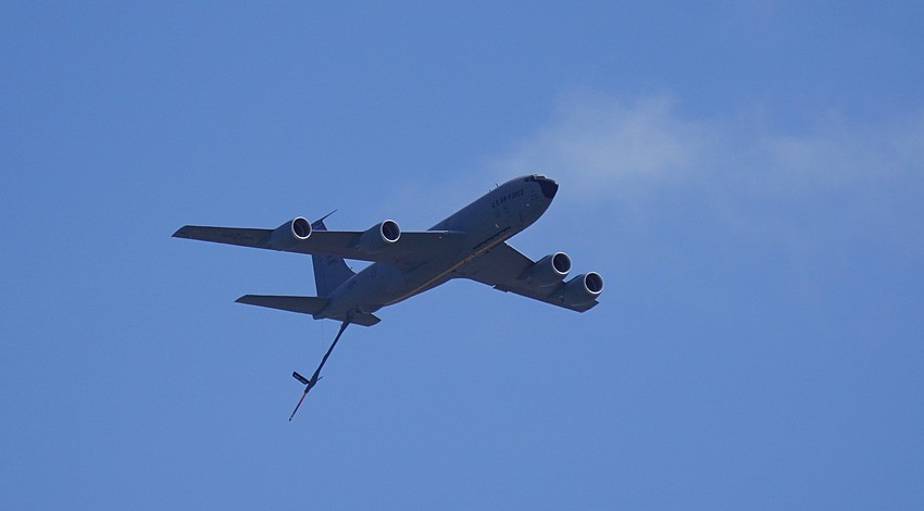 The KC-135 aerial tanker flies in from the north, as part of a tour of 12 Bay Area hospitals.