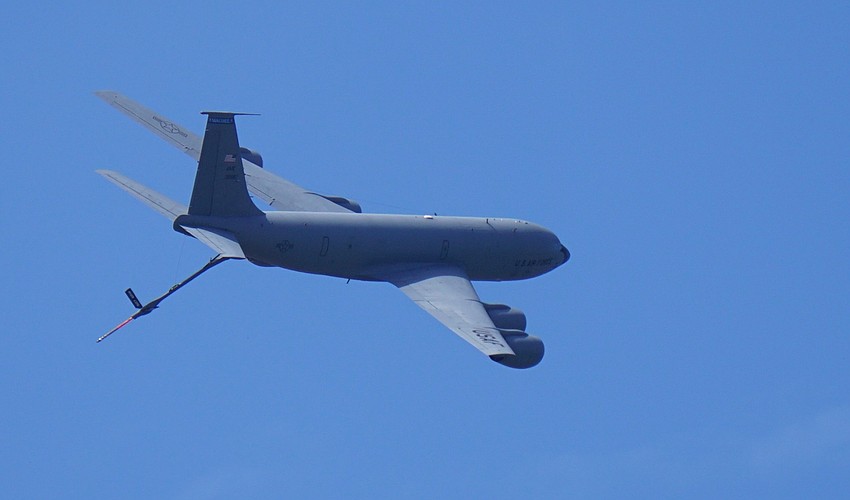 The KC-135 banks and turns to the north after its flyover of Sarasota Memorial Hospital on Friday.