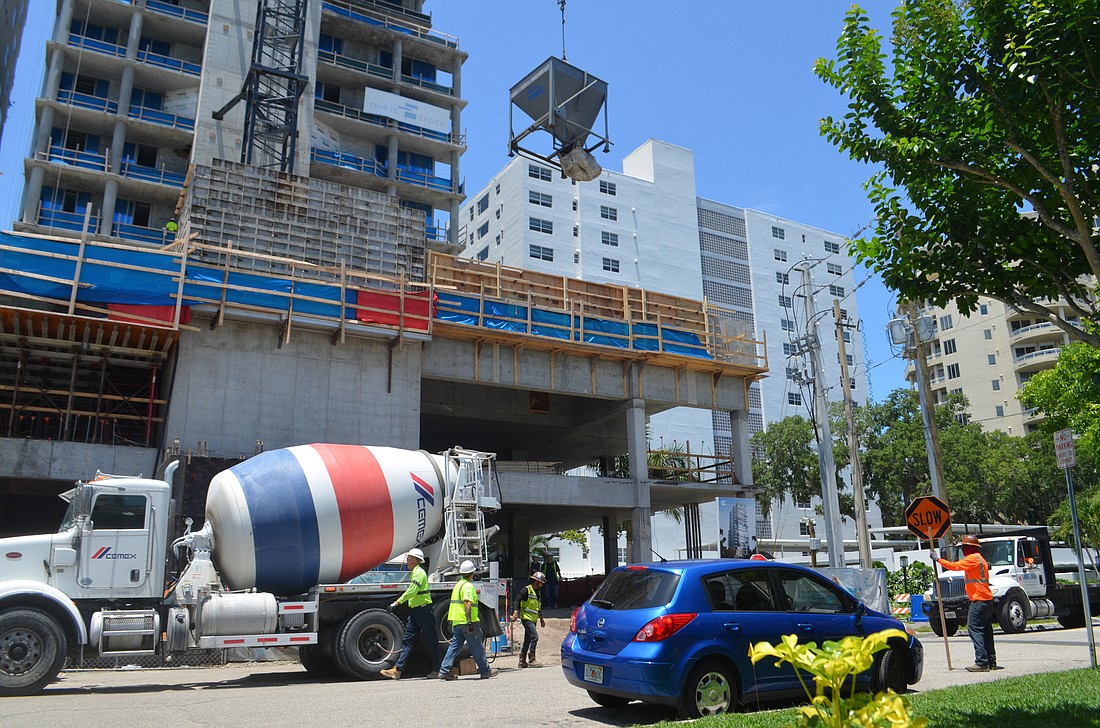During the COVID-19 response, work has continued at Sarasota construction sites such as Epoch, a high-rise condominium project at 605 S. Gulfstream Ave. Business groups are concerned the virus could slow future construction.