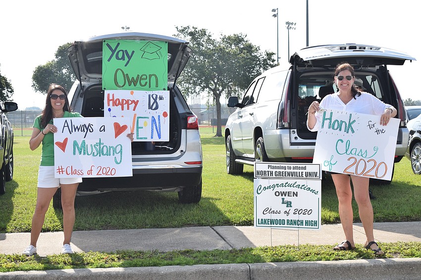 Dawn Schmid and Gwyn Ingham enjoy celebrating their graduating seniors together. Ingham's son Owen also celebrated his 18th birthday on the same day he picked up his cap and gown for graduation.