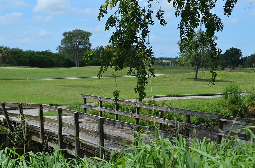 The wooden bridge between the American course's second and third holes.