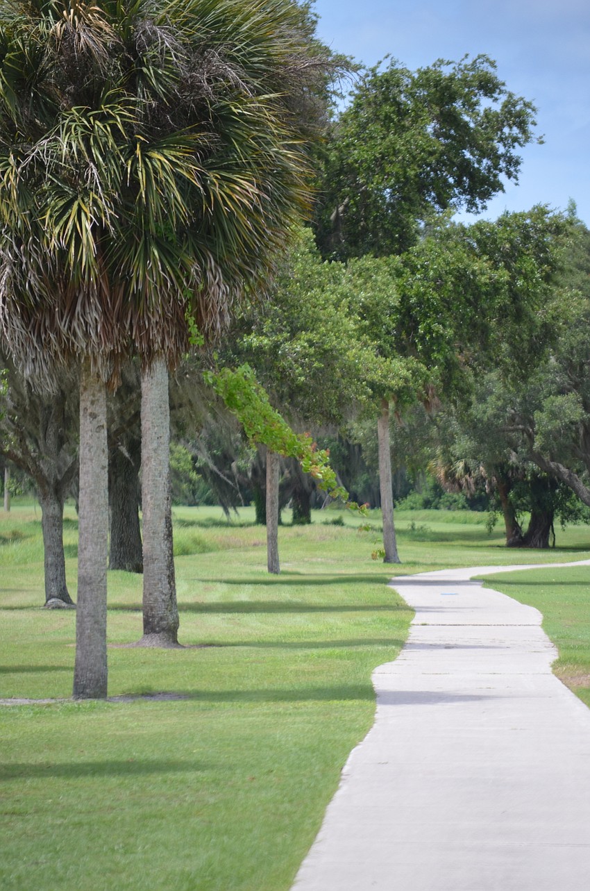 The cart path on the British course's 10th hole flanks the practice range and a line of palms.