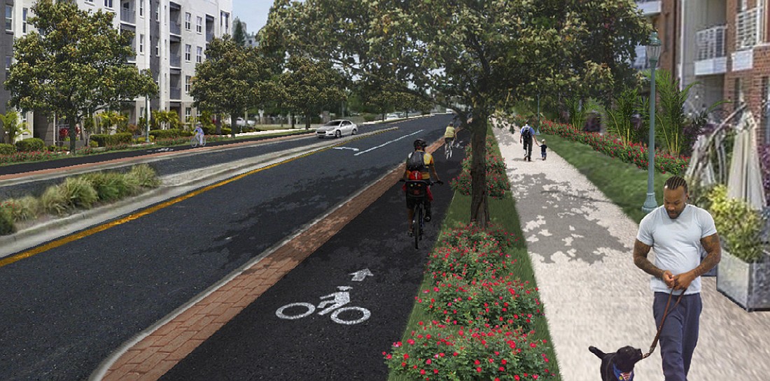 City planning staff is recommending a series of complete street projects, creating what they feel is a more equitable mix of infrastructure for motorists, pedestrians and cyclists. Concept image via city of Sarasota.