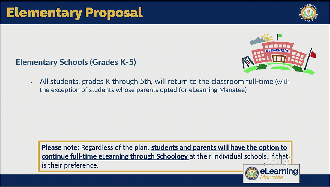 The School District of Manatee County is planning to have elementary students fully return to school in the fall while middle and high schools will have hybrid classes.