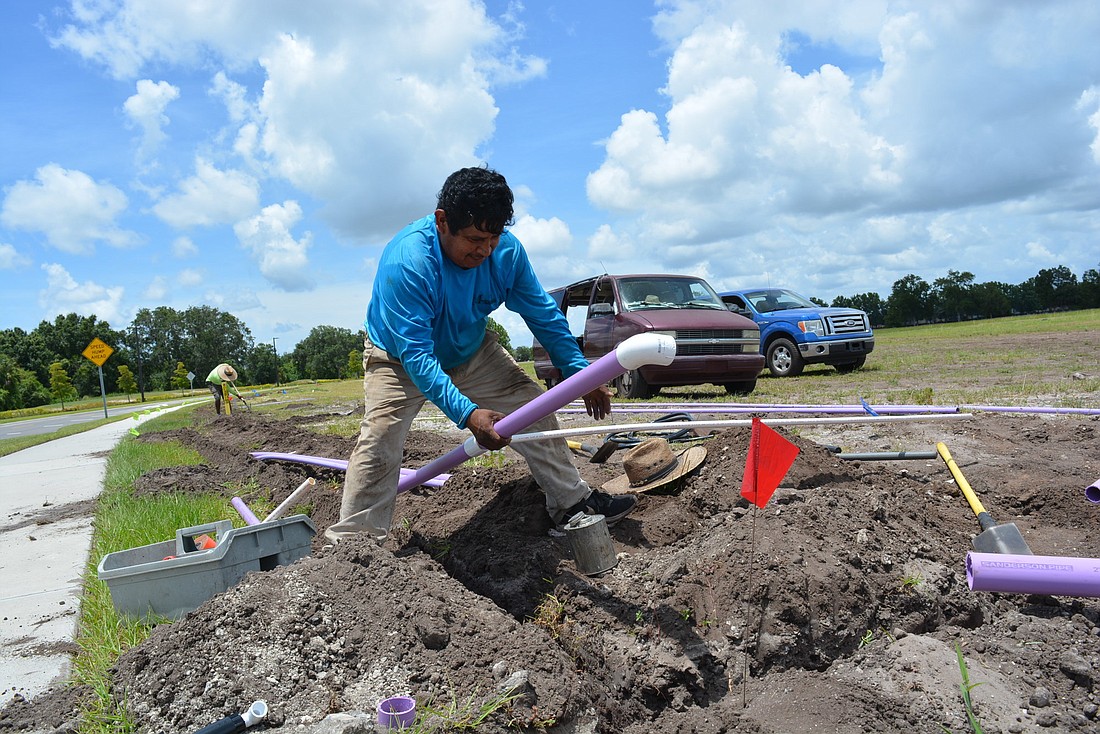 Vincente Garcia installs irrigation lines for landscaping along Lighthouse Drive, the "backbone" road of the project.