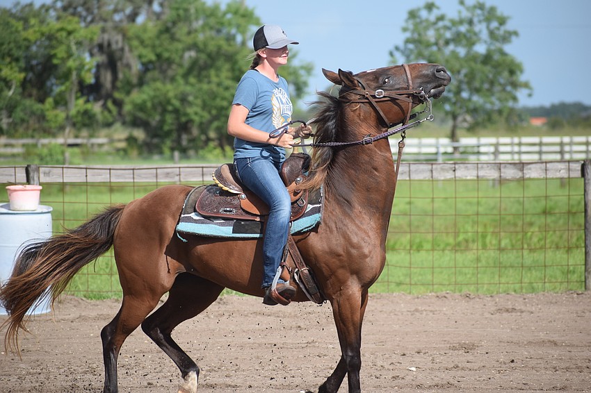 Bradenton's Skylar Zadaz, 13, tries to keep her horse to the task at hand.
