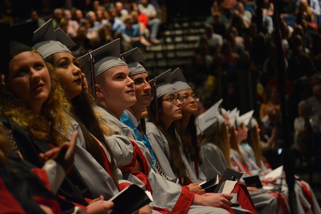 Braden River High School Class of 2019 graduates watch a slideshow during graduation. Members of Braden River and Lakewood Ranch High School&#39;s Class of 2019 had advice to share with this year&#39;s graduates. File photo.