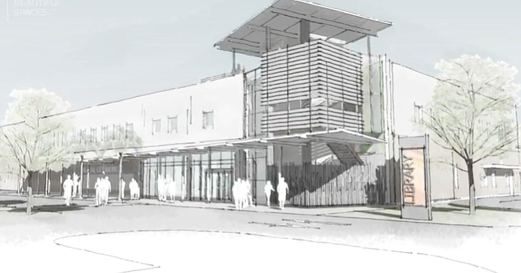 This rendering shows the general character proposed for the library, which will feature a large treehouse inspired staircase at its entrance. Courtesy rendering.