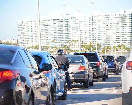 Traffic is shown backed up on the John Ringling Causeway Bridge.