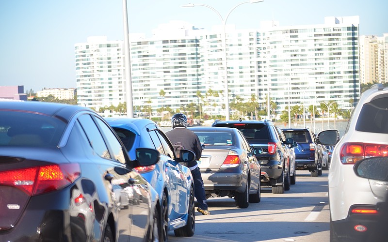 Traffic is shown backed up on the John Ringling Causeway Bridge.