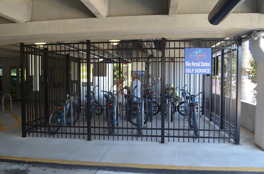 After launching a bike rental program at St. Armands Circle earlier this year, the city added a second station in the Palm Avenue parking garage. File photo.