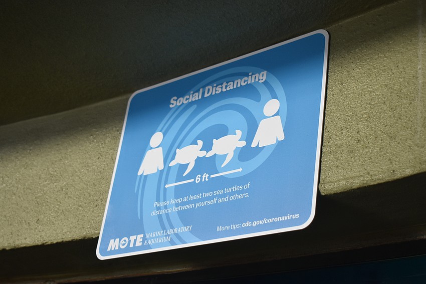 Marine animal-based social distancing reminders are posted around the aquarium.