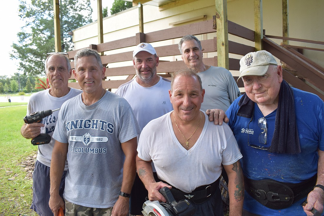 The Knights worked on a project Aug. 8 at the church. In the back row are Rick Kuebel, Mike Mahan and Vin Misciagna.  In the front row are Gordon Shellhaas, Paul Palmeri and Rich Macklin.