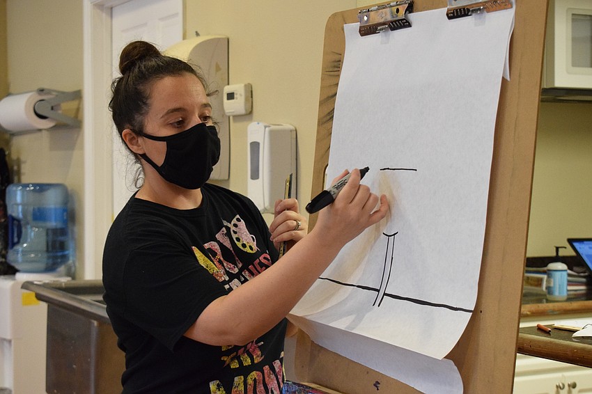 Let's Create Art's Whitney Vance instructs students on how to sketch an ice cream sundae before they start painting.