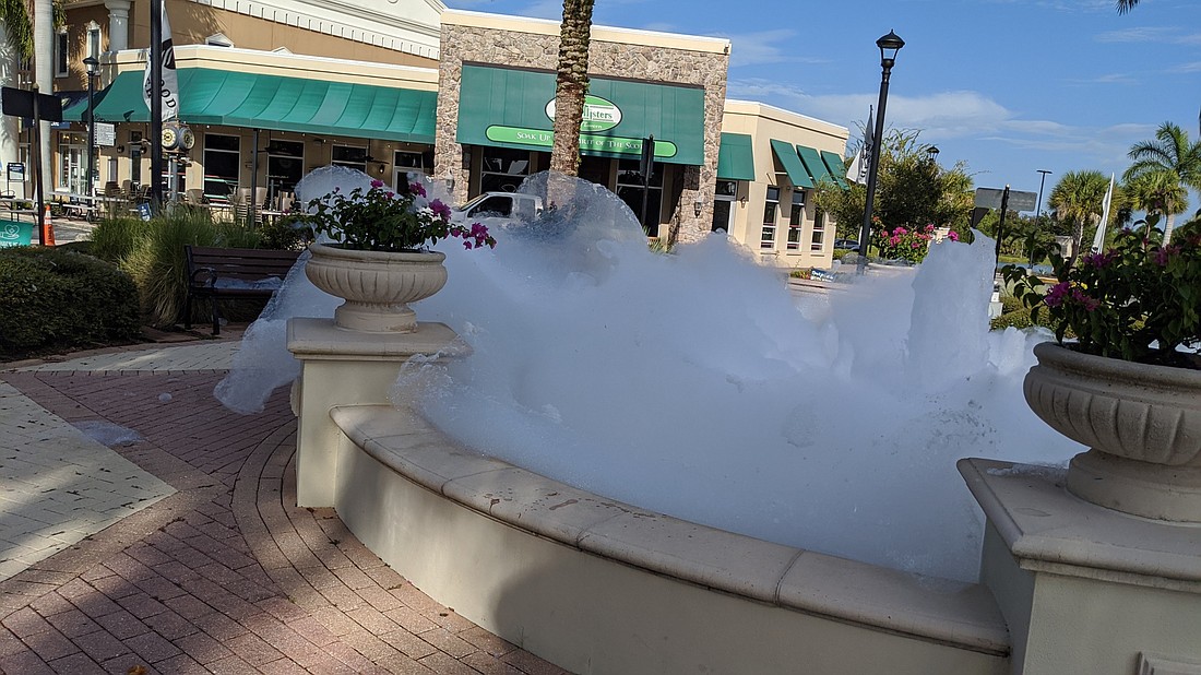 The fountain at Main Street at Lakewood Ranch was filled with bubbles this morning. Photo by Pam Eubanks.