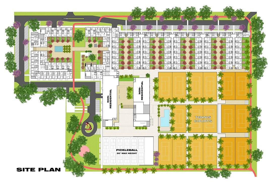 The new site plan for the Bath and Racquet Fitness Club property concentrates the residential buildings on the north end of the site to create more distance from single-family homes to the south. Image via Halflants + Pichette.