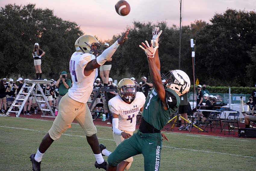 Lakewood Ranch's Eli Daniels leaps to snag a touchdown pass from Jimmy Kelly.