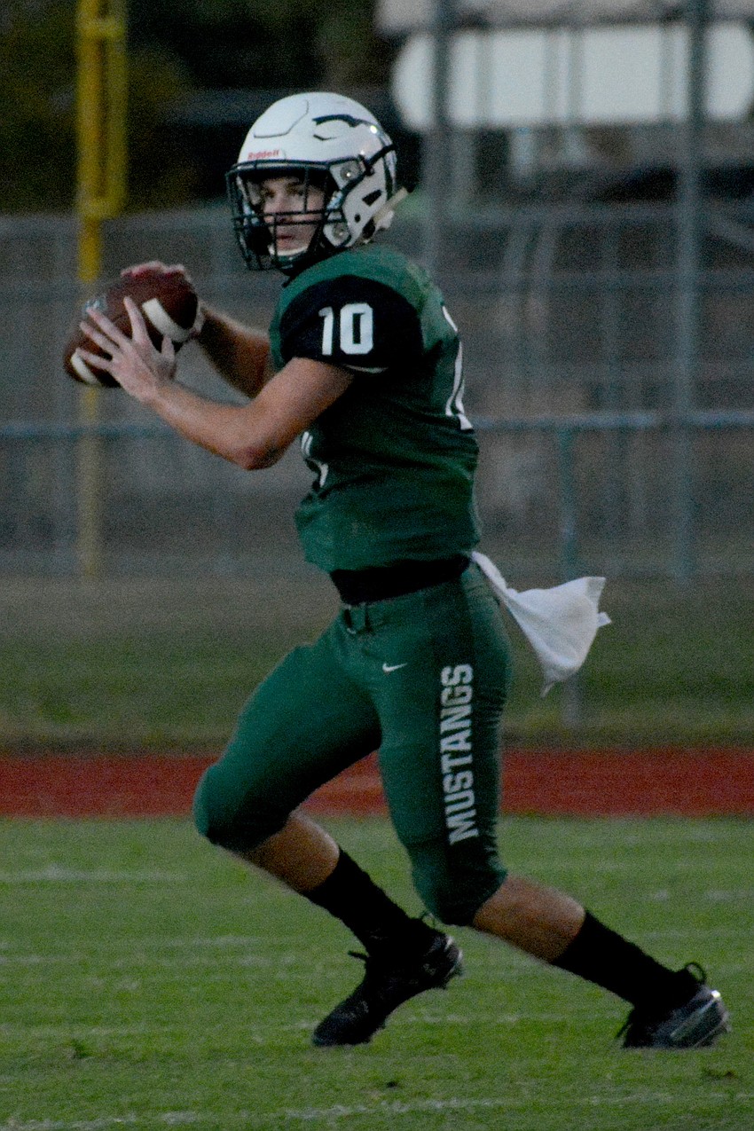 Lakewood Ranch senior quarterback Jimmy Kelly fires a pass to his right.