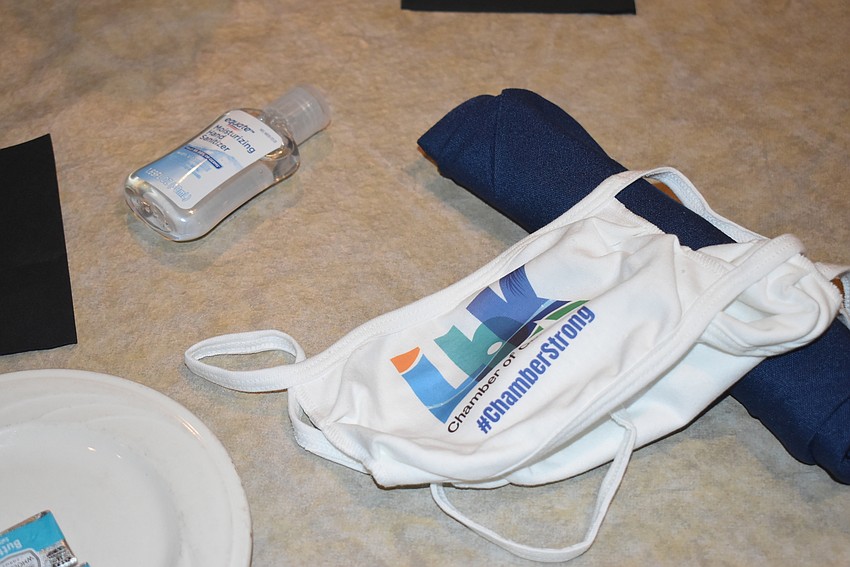 Members usually get a few items at networking events; this time it was a pair of chamber-branded masks and hand sanitizer.