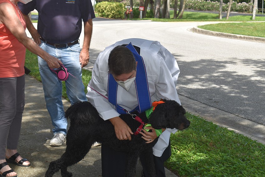 Reba, a former service dog for hospice patients, does her signature lean against Father Dave Marshall to show her love.