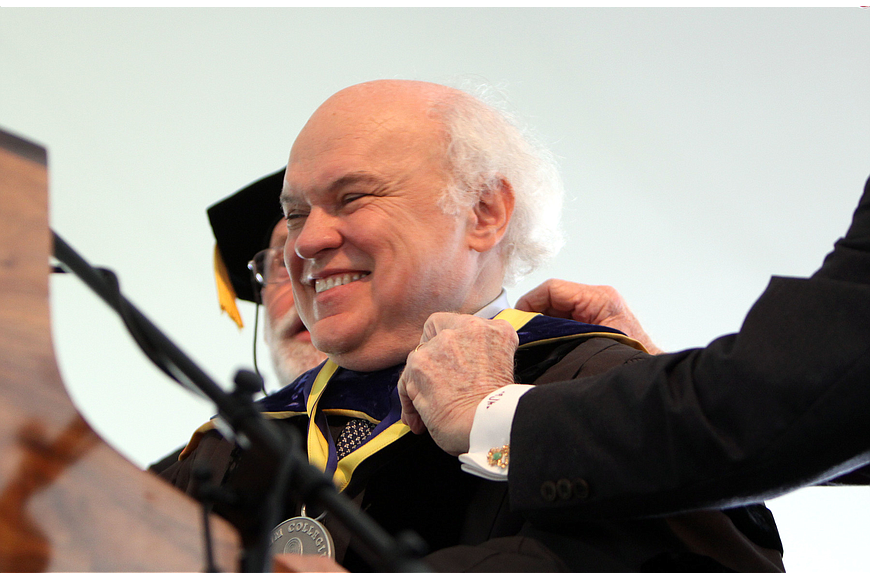 Donal O&#39;Shea, pictured here at his inauguration ceremony in 2013, will have served nine years as New College of Floridaâ€™s president when he steps down next summer. File photo.