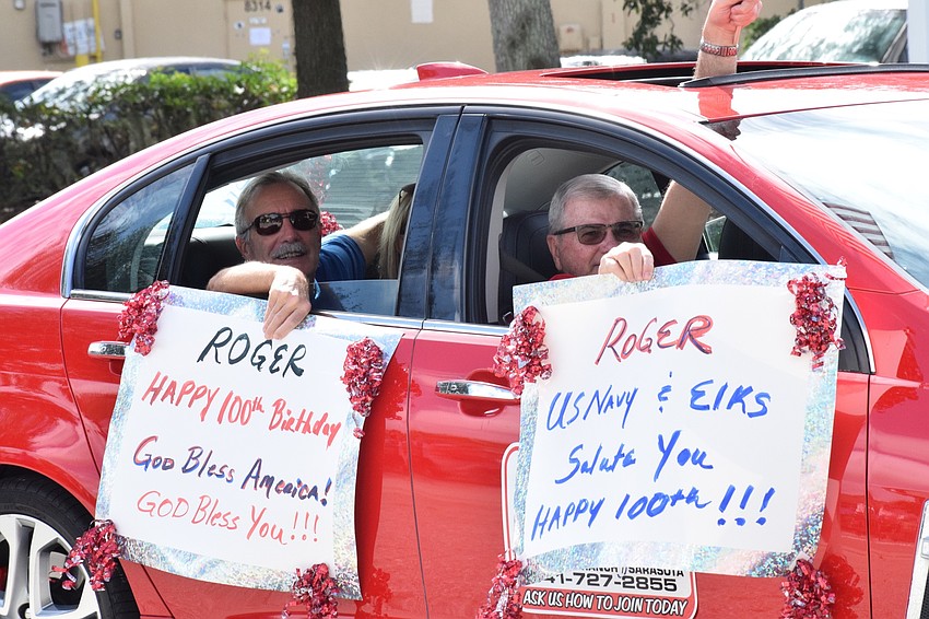 Frank Iannello and Tom Sweeney, who are members of the Lakewood Ranch Elks Lodge, wish Roger Quisenberry, a World War II veteran, a happy birthday. The Elks support veterans.