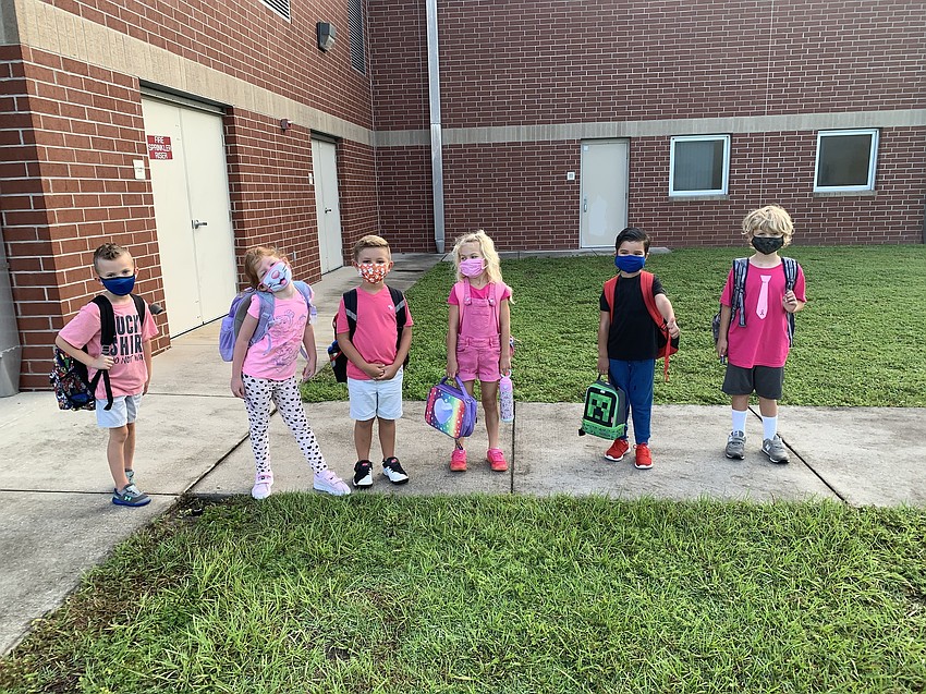 Kindergartners Cooper Mulkey, Nova Smith, Brayden Gast, Scarlet Bellan, Luca Petronio and Hank Hausfeld dress in pink for B.D. Gullett Elementary School's first Pink Out Day of the month. Courtesy photo.