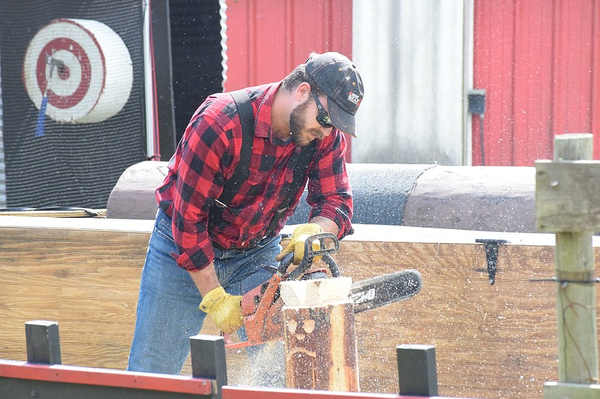 Govian Espana, a log roller, chain saw carver and axeman, carves a rabbit out of wood during the Paul Bunyan Lumberjack Show.