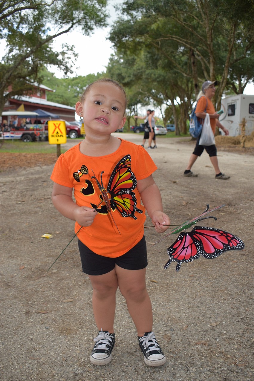 Tampa's Kali Mae Norman, who is 2 years old, holds butterflies. Norman was enjoying her first time at the Pumpkin Festival.